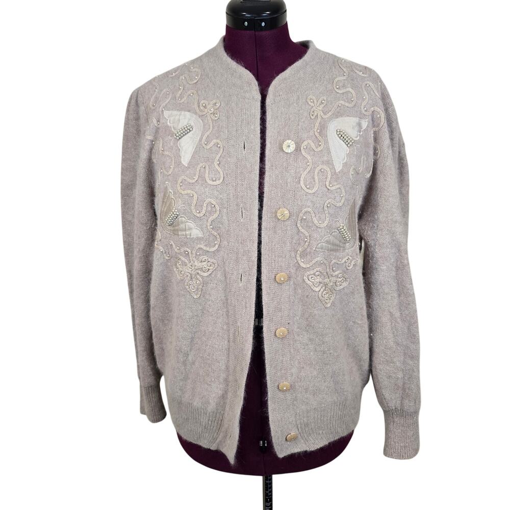 Vintage Women's Angora Beige Beaded Sweater Cardigan | Size Medium